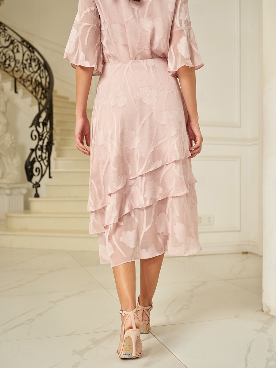 Dame الالتفاف Elegant Midi Medium Midje Skjørt Blomster Multi Layer Uelastisk Fest Avslappet Rosa Sommer Chiffon 2025 - $59.99 –P2