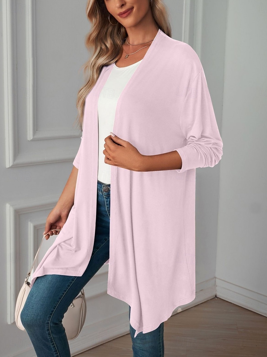 Women's Casual Jacket Breathable Comfortable Oversized Casual Plain Vacation Street Casual Daily Wear Open Front Long Collarless Regular Fit 3/4 Length Sleeve Outerwear White Pink Wine Summer Spring 2025 - $22.99 –P9