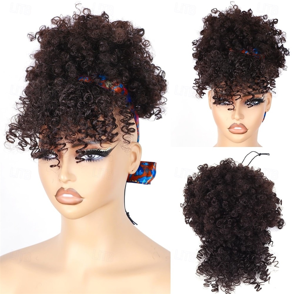 Queue de cheval à cordon pour femmes noires, extension de queue de cheval afro bouffante, cheveux crépus et bouclés, avec frange, chignon noir, queue de cheval en cheveux naturels de 2025 ? $15.49 –P4