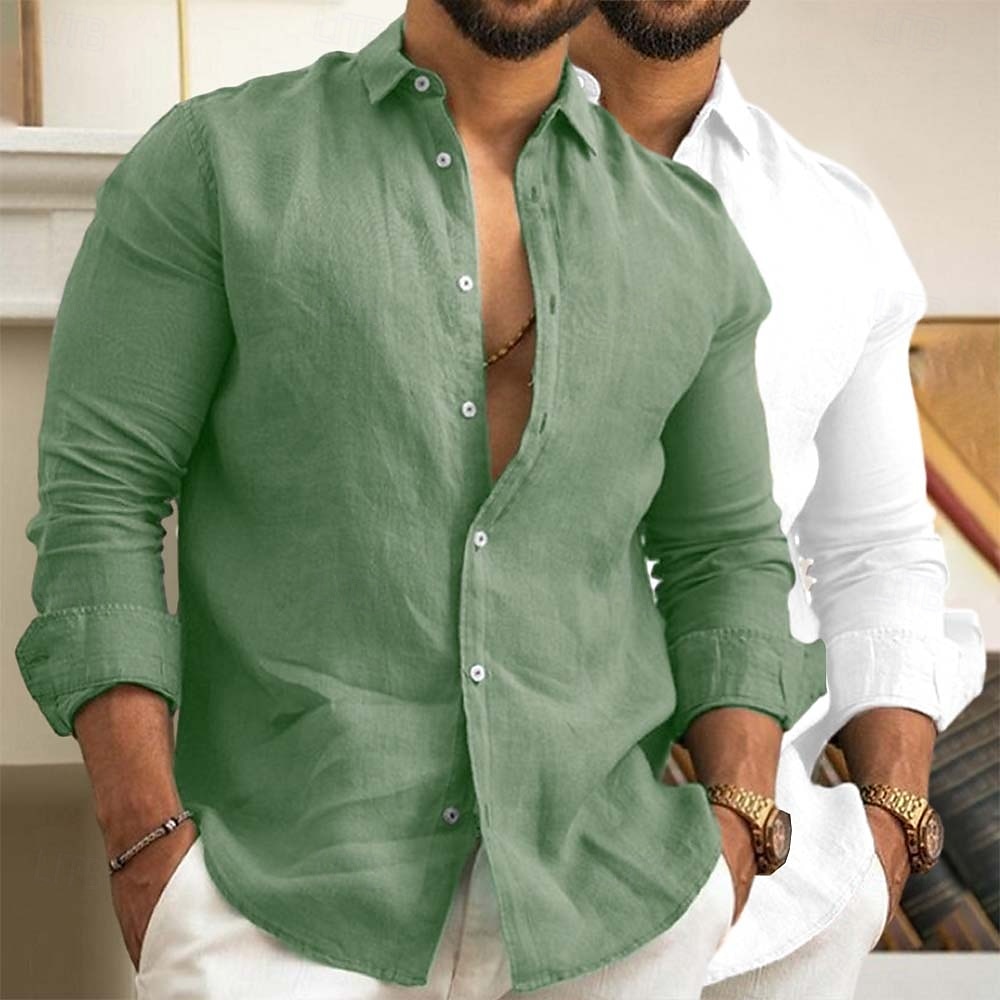 Men's Linen Shirt Summer Shirt Beach Wear Casual Shirt Button Up Shirt Plain Vacation Daily White+Green Green+Khaki Gray+Khaki Pink+Navy Blue Long Sleeve Lapel Summer Spring Clothing Apparel 2025 - $29.99 –P2