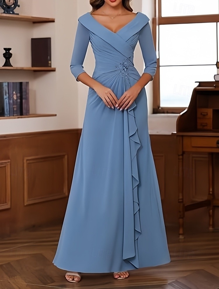 A-Linje Bröllopsgäst Klänningar Elegant Klänning Bröllopsgäst Förlovning Golvlängd 3/4 Längd Ärmar V-ringad Chiffong med Fållar Ruched Pärla 2025 - $165.99 –P1