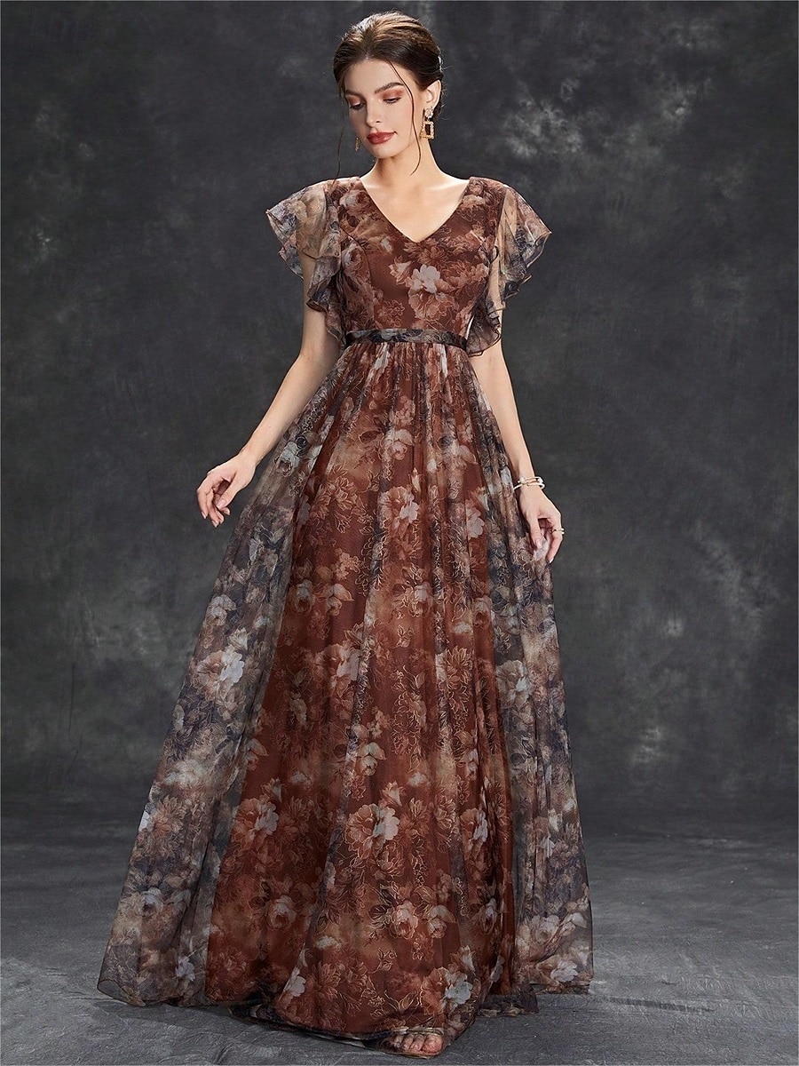 Abiti Quinceanera A-Line abito elegante formale lungo senza maniche scollatura a V in chiffon con stampa floreale del 2025 a $79.99 –P24