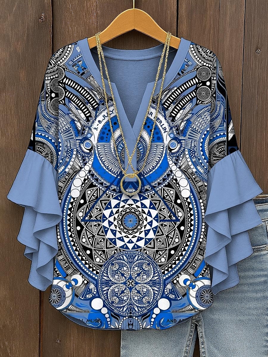 Dámské Halenka Grafika Geometrický Elegantní Čechy Geleneksel 3/4 délka rukávu Do V Běžné topy Denní Dovolená Oblečení na dovolenou Volány Tisk Žlutá Světlá růžová Vodní modrá Fialová Trávová zelená 2025 - $29.99 –P6