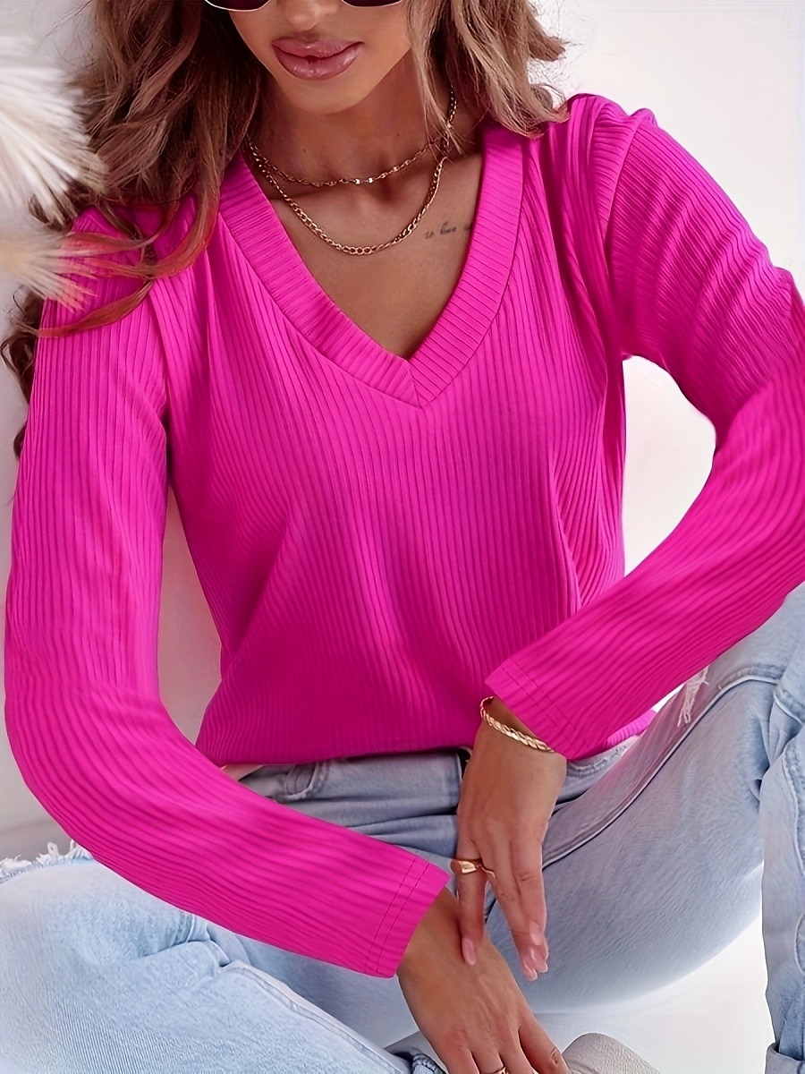 Dames Blouse Effen Kleur Basic Casual Lange mouw V-hals Normale tops Dagelijks blauw Fuchsia Licht Blauw Zomer Lente 2025 - $18.99 –P1