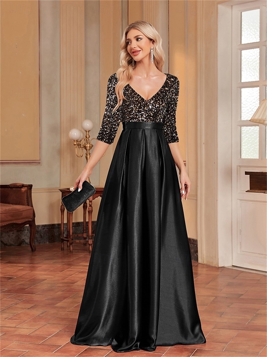 A-Line Quinceanera Dresses Elegant Dress Formal Wedding Floor Length Long Sleeve V Neck Polyester with Sequin 2025 - $99.99 –P5