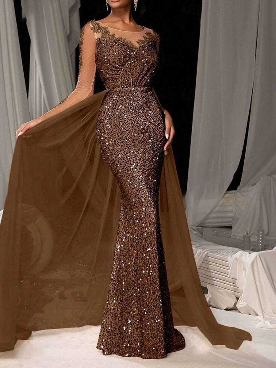 Brown Mermaid / Trumpet Evening Gown Elegant Dresse Embroidered Lace Applique Formal Wedding Floor Length Long Sleeve Crew Neck Tulle with Sequin Skirt 2025 - $119.99 –P1