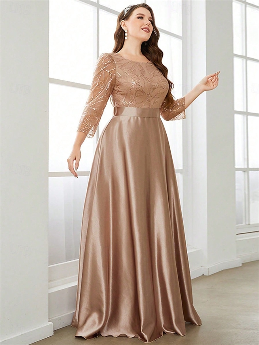 A-Line Evening Gown Elegant Dress Formal Wedding Floor Length 3/4 Length Sleeve Crew Neck Satin with Pleats 2025 - $129.99 –P2