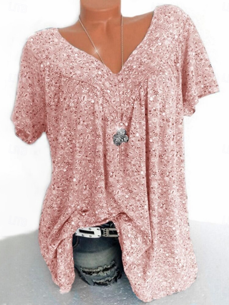 Femmes T-shirt Fleuri Mode Moderne Occasionnel Manche Courte Col en V Hauts Réguliers Quotidien Week-end Rose Claire Rouge Bleu Vert Été de 2025 ? $19.99 –P4