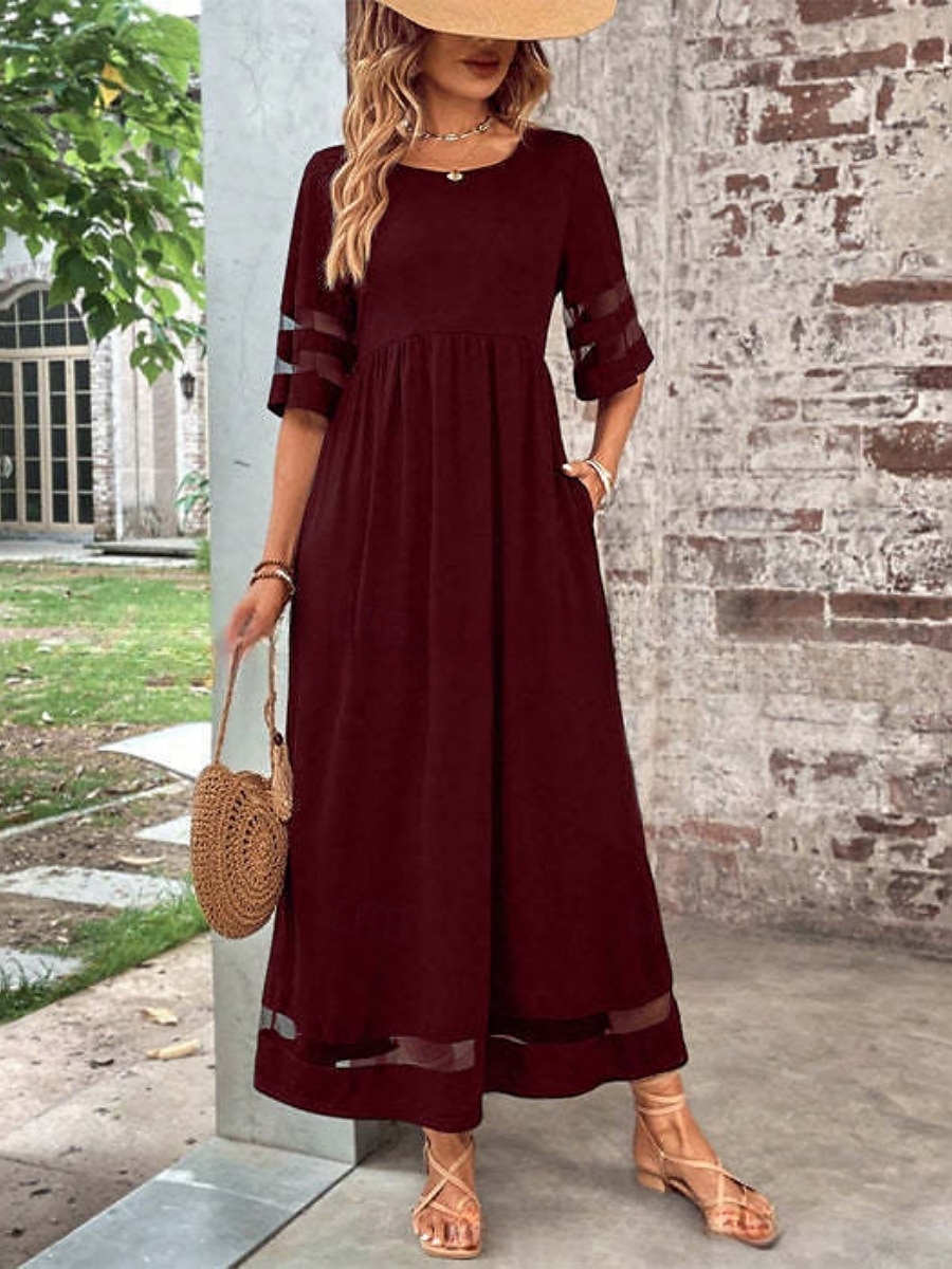 Femmes Robe maxi Robe trapèze Robe d'été Occasionnel Quotidien Coupe régulière Uni Demi Manches Col en V Noir Vin Vert Été de 2025 ? $36.99 –P4