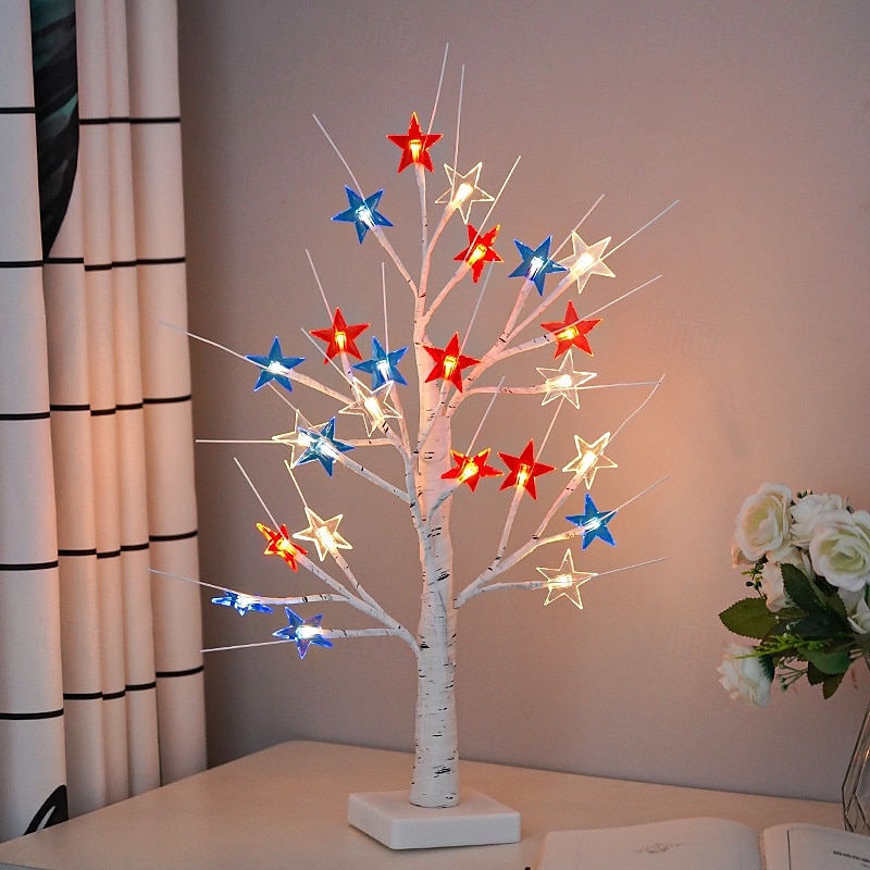 מנורת שרשרת פטריוטית דקורטיבית DIY לעץ מלאכותי, 24 נורות לד לעץ ליבנה, עץ מואר המופעל באמצעות סוללה/USB ליום העצמאות הרביעי ביולי לעיצוב שולחן ומסיבת הבית 2025 - $16.49 –P9