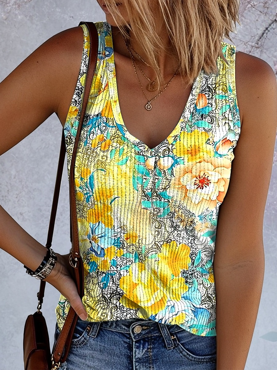 Dame Camisole Tank Top Grafisk Geometrisk Årgang Stilfull Etnisk Ermeløs V-hals Vanlige topper Daglig Trykt mønster Gul Blå Lilla Grønn Sommer Vår 2025 - $17.99 –P3