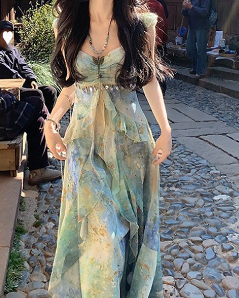 Dames Lange jurk maxi-jurk Jurk met print Modern Vakantie Feestdagen Teaparty Normale pasvorm Bloem Mouwloos V-hals Groen Zomer 2025 - $31.99 –P3