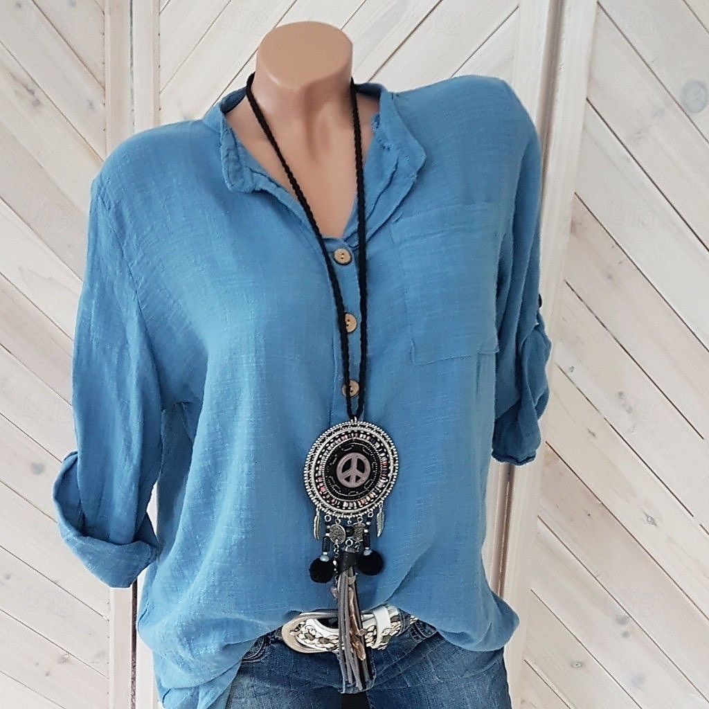 Women's Cotton Linen Shirts Solid Color Elegant Daily Basic Long Sleeve Crew Neck Long Tops Daily Holiday Going out Buttons White Pink Red Blue khaki Summer Fall 2025 - $17.99 –P7