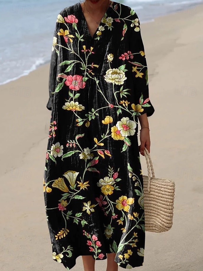 Damen Maxikleid Sommerkleid A Linie Kleid Urlaub Lässig Boho Party Ausgehen Strand Blumen Grafik Langarm V Ausschnitt Schwarz Rosa Rote Grün Sommer Frühling 2025 - $35.99 –P5