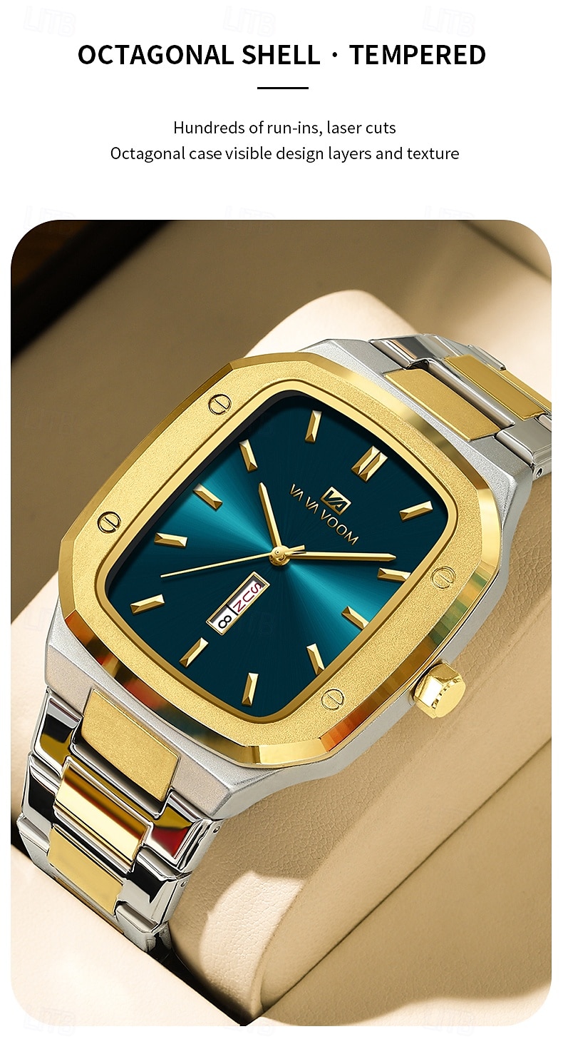 VA VA VOOM Top Brand Men Wrist Watches Luxury Waterproof Gold Black Silver Date Week Display Square Watch for Men Stainless Steel Watc 2025 - $26.99 –P3