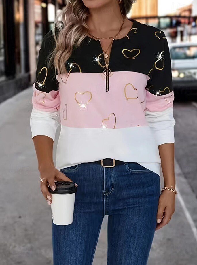 Pull à zip quart pour femme à rayures géométriques en forme de cœur décontracté manches longues col rond hauts réguliers mode de rue vêtements quotidiens imprimé décontracté rose automne hiver de 2025 ? $27.99 –P2
