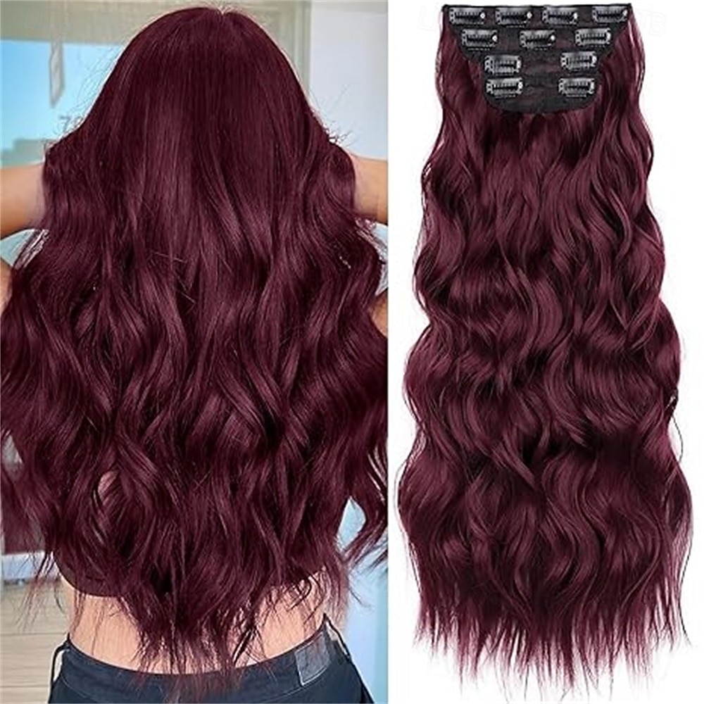 Clip-in-Haarverlängerungen, 4 Stück, lang, gewellt, synthetisch, dunkelschwarz, braun, Faser, doppelter Schuss, natürlich, dick, 24 Zoll, für Frauen 2025 - $26.99 –P3