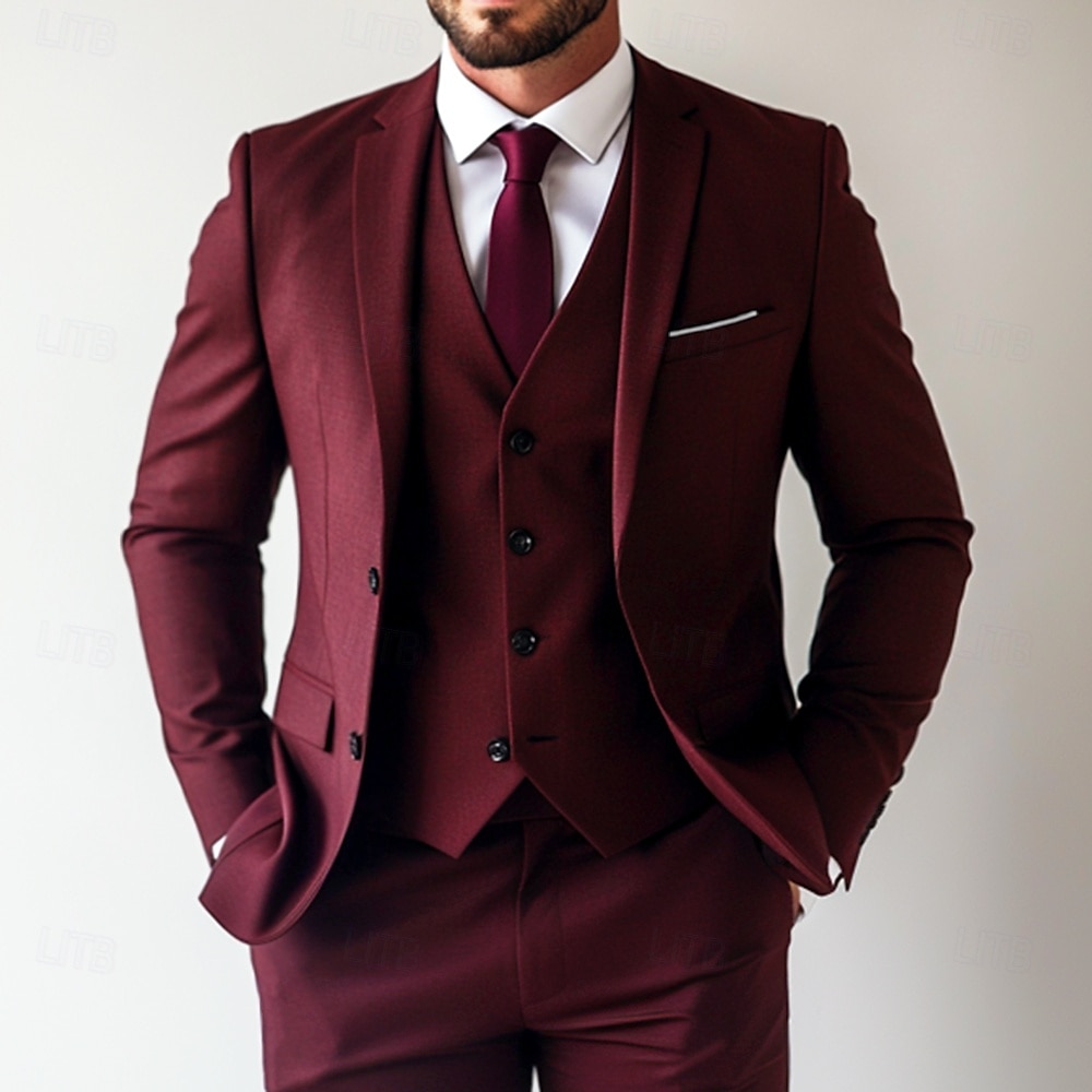 Heren liiketoiminta Kostuums Bordeaux Formeel Werk Kleding Effen Standaard pasvorm 3-delige set Enkele rij knopen met twee knopen 2025 - $122.99 –P2