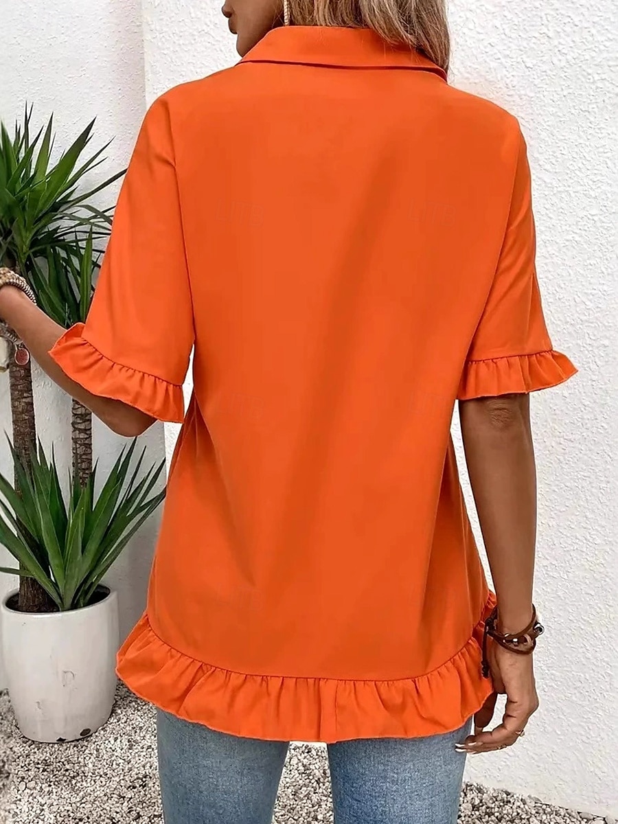 Dámská košile button down blůza jednobarevná jednoduchá stylová moderní volná košile s krátkým rukávem button down blůza límeček běžné vrchní díly do práce denní svátek volánky knoflíky bílá oranžová 2025 - $24.99 –P5