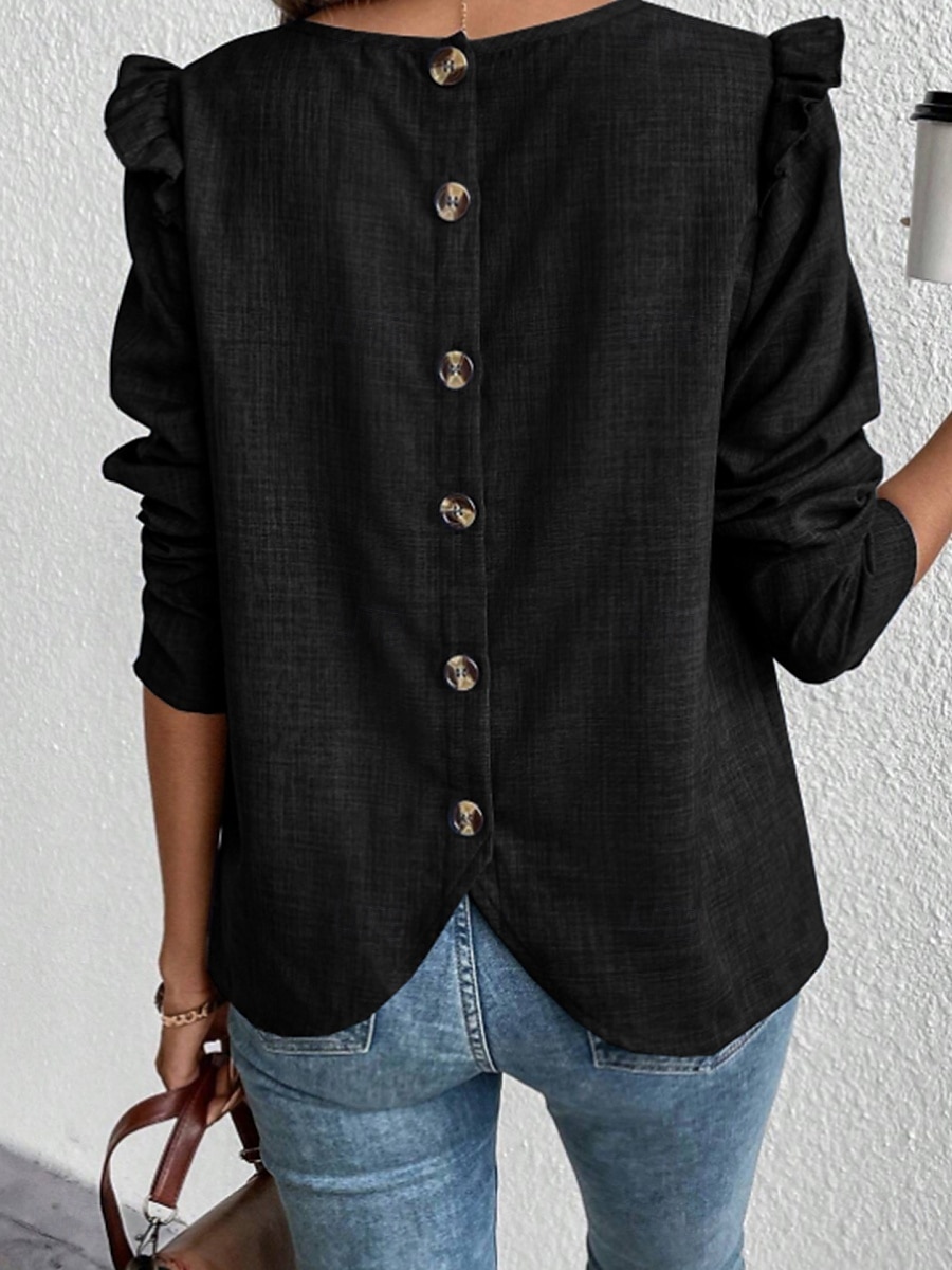 Dame T skjorte عادي Mote Moderne Fritid Langermet Crew-hals Vanlige topper Daglig Helg Drapering Knapper Svart Navyblå Kakifarget Grå Sommer 2025 - $25.99 –P8