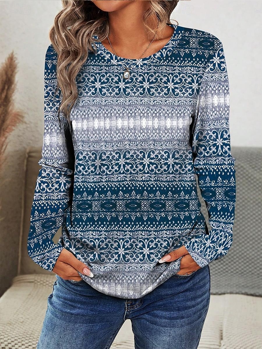 Dame T skjorte Grafisk Geometrisk Stilfull Fritid trendy Langermet Crew-hals Vanlige topper Daglig Helg Trykt mønster Rosa Blå Sommer Høst 2025 - $22.99 –P5