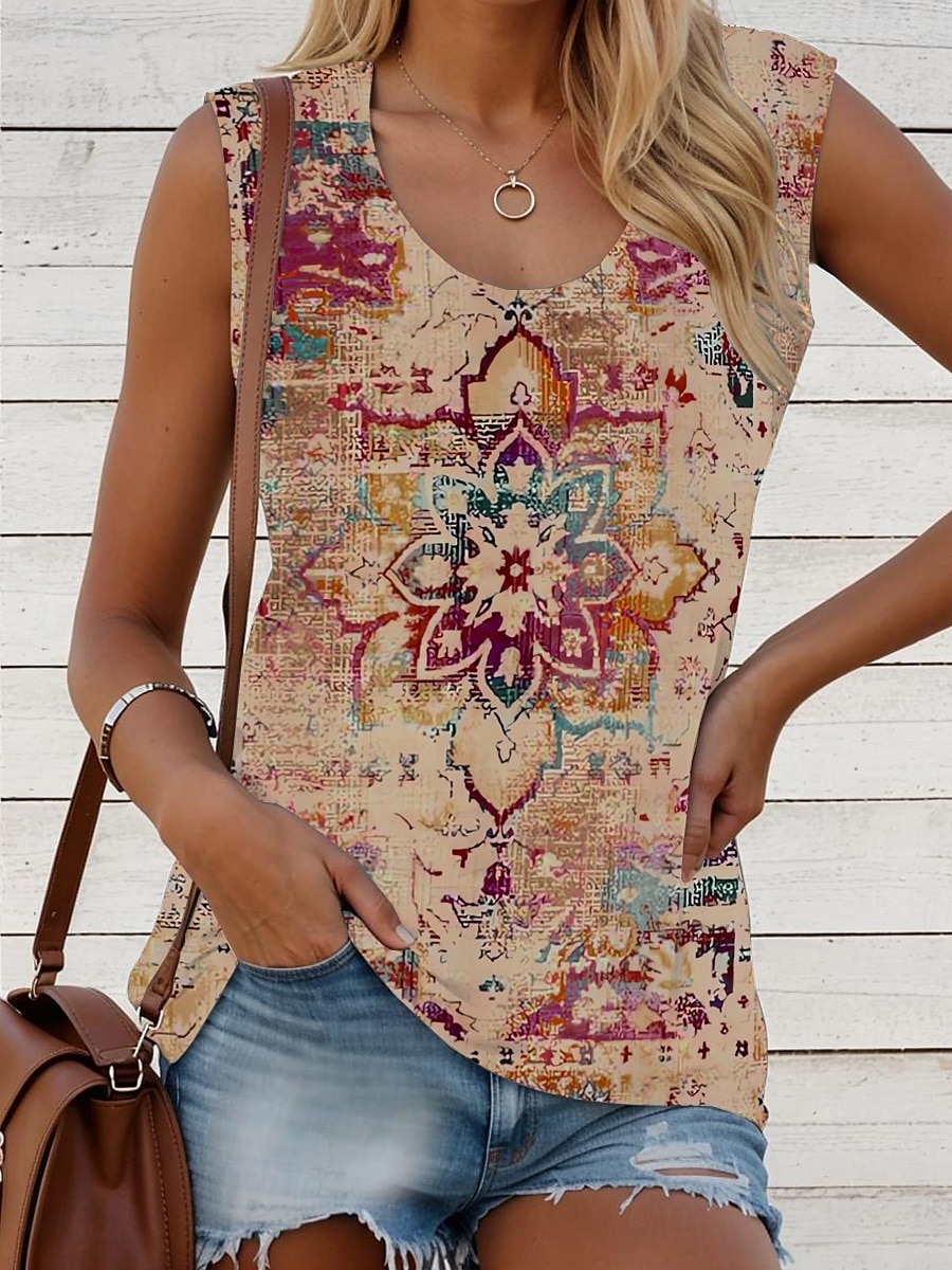 Dame Camisole Tank Top Grafisk Geometrisk Bohem Årgang Daglig Ermeløs Crew-hals Vanlige topper Daglig Trykt mønster Svart Hvit Rød Blå Kakifarget Sommer Vår 2025 - $17.99 –P3