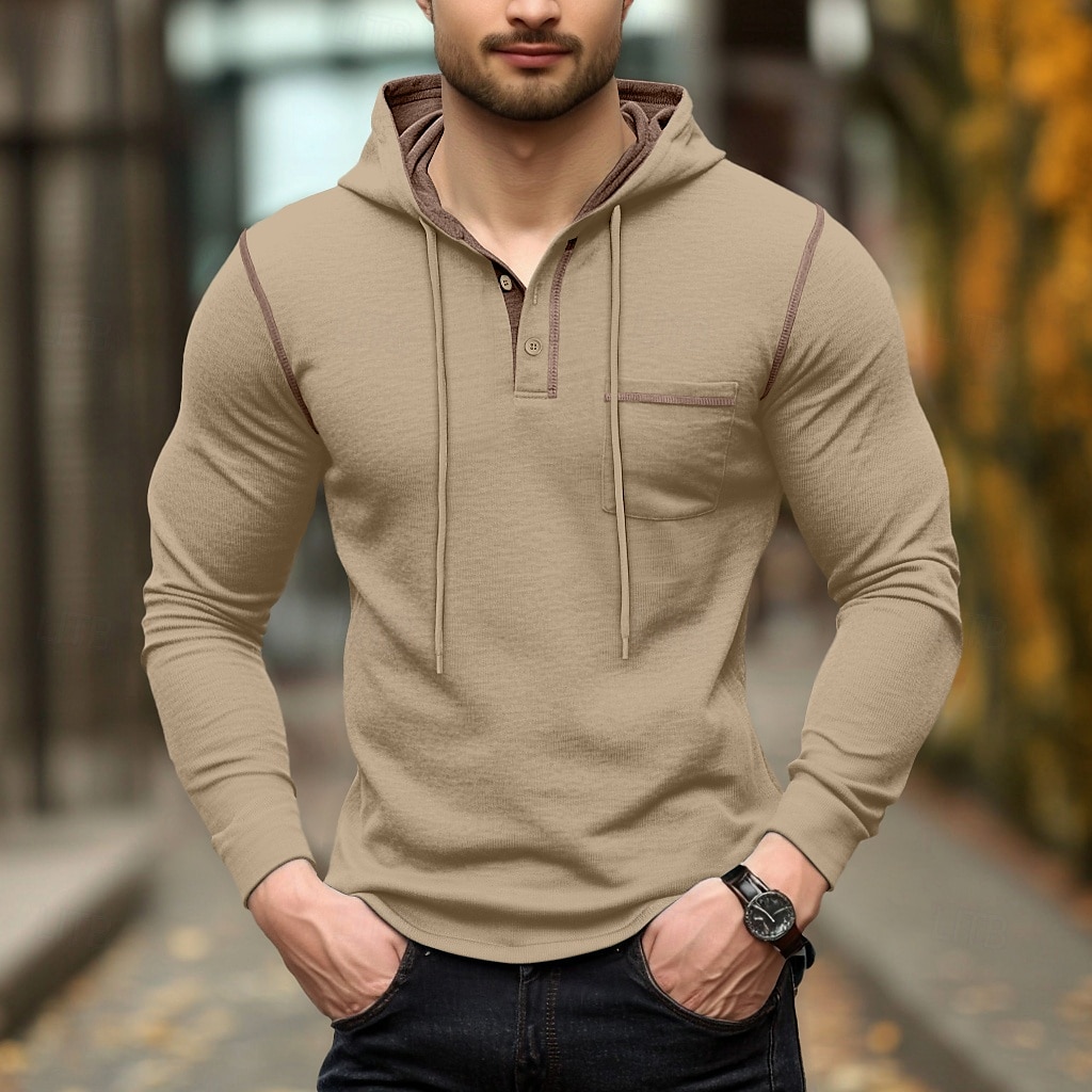 Per uomo Maglietta Felpa con cappuccio Henley Manica Lunga Con Cappuccio Henley Primavera & Autunno Tinta unica Maglieria Quotidiano All'aperto Tasca All'aperto Casual Casuale Grigio scuro blu navy del 2025 a $22.99 –P4