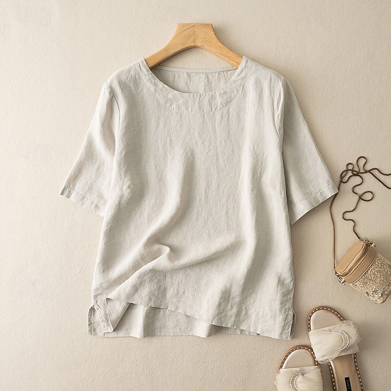 Femmes Chemise Haut en Coton Blanc Couleur Unie Élégant ancien Basique Manche Courte Col ras du cou Hauts Réguliers Quotidien Sortir Week-end Blanche Jaune Rose Claire Violet Vert Été Printemps de 2025 ? $13.99 –P2