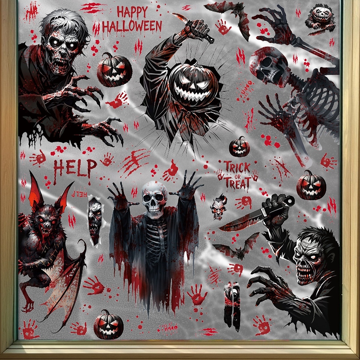 8 listů halloweenských samolepek na okna, statické skleněné samolepky s dýní, kostrou a netopýrem, dekorace do výloh obchodů a obchodních center. 2025 - $10.99 –P2