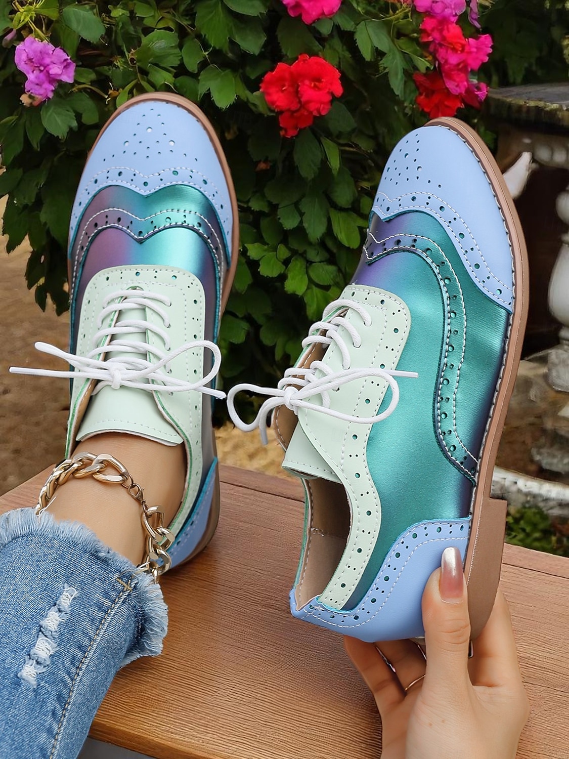 Dámské barevně blokové oxfordské boty s křídlovou špičkou, retro šněrovací brogue boty z 50. let s duhovými panely pro ležérní výlety a vintage styl. 2025 - $29.99 –P3