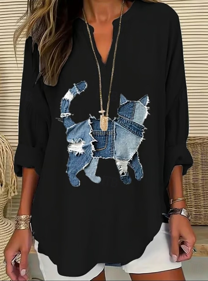 Damen Bluse Leinenoptik Atmungsaktiv Leicht Tunika V-Ausschnitt Langarm Boho Lässig Sommer Tops Grafik Tier Katze Vintage Tropisch Reguläre Tops Alltag Druck Schwarz Weiß Blau Himmelblau 2026 - $32.99 –P3
