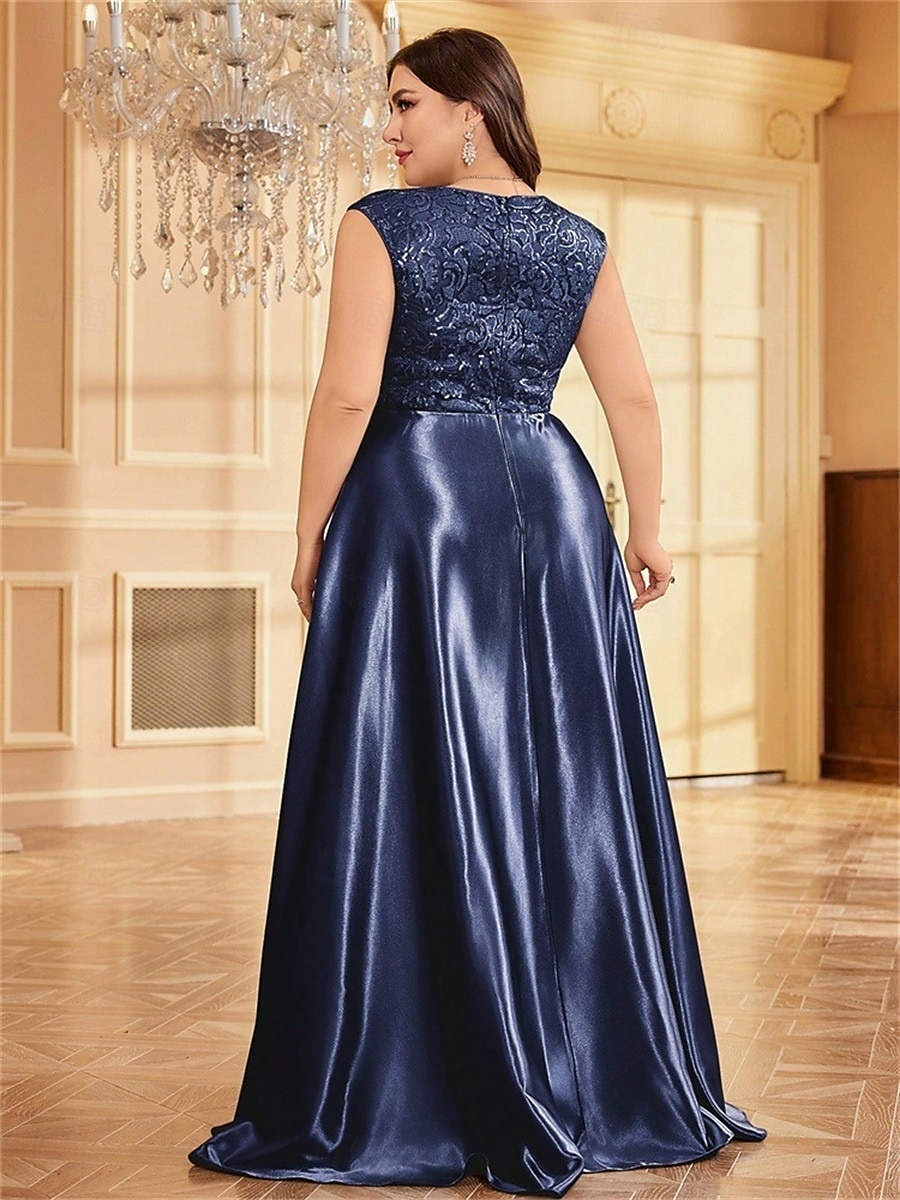 Robe A-Line Grande Taille Élégante Robe Courbe De Mariage Formelle Longue Au Sol Manches Courtes Col en V Satin Dos Nu Avec Plis 2025 de 2025 ? $119.99 –P24