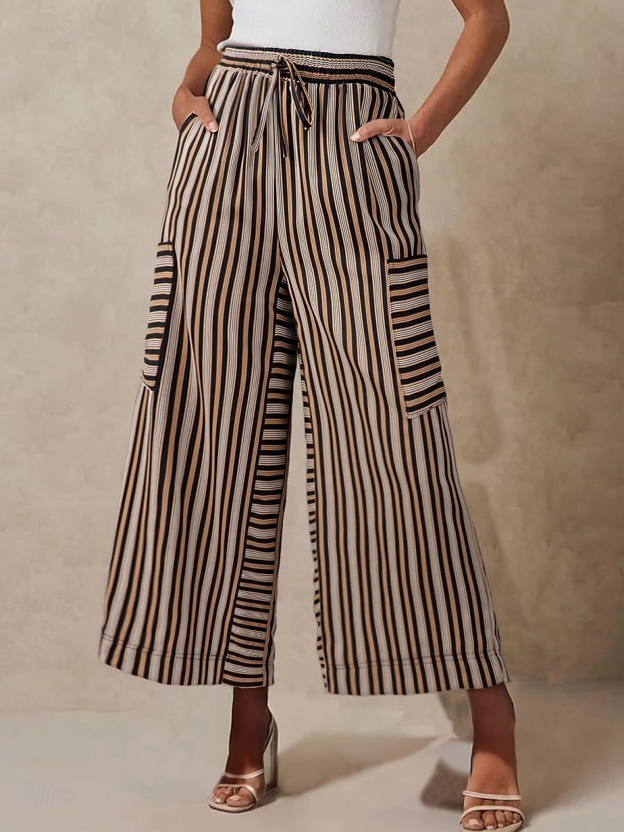 Per donna Gamba larga Chinos Moda Streetwear Lunghezza intera Vita Alta A righe Tasca Fascia Elastica Stampa Comodo Morbido Confortevole Micro-elastico All'aperto Streetwear Blu Arancione Marrone del 2025 a $24.99 –P6
