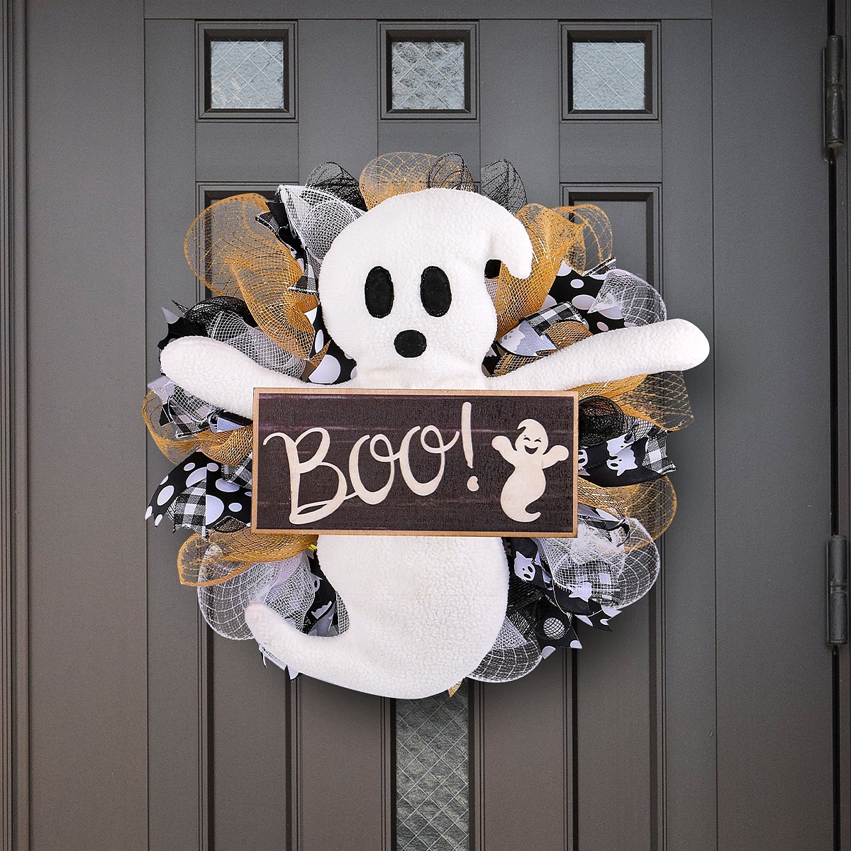 Halloween-seppeleet etuoven sisä- ja ulkokoristeluun, puinen kummituskylttiverkkoseppele aavemaisella nukella ikkuna- ja seinäkoristeeseen 2025 - $27.99 –P6