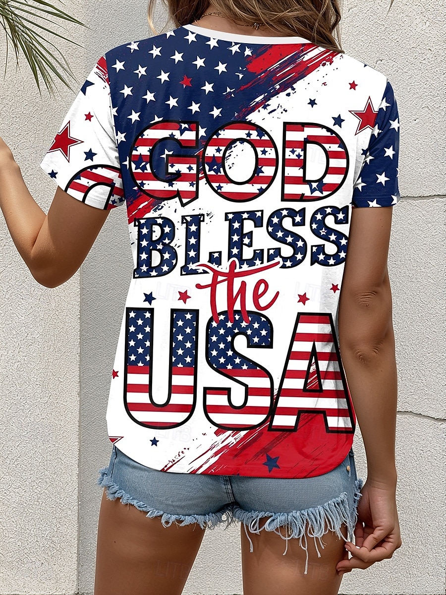 Independence Day Patriotic Women's T Shirt Graphic Flag Vintage Casual Short Sleeve Crew Neck Regular Tops Daily Weekend Print White Red Blue Dusty Blue Summer Spring 2026 - $22.99 –P2