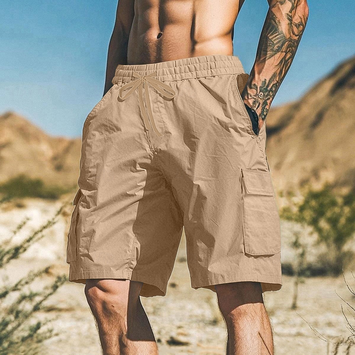 Homens Bermuda Cargo Calção Shorts de verão Bermudas Shorts de praia Com Cordão Bolso multi Perna reta Tecido Respirável Pavio Humido Comprimento do joelho Ao ar livre Casual Diário Férias Moda de 2025 por $25.99 –P6