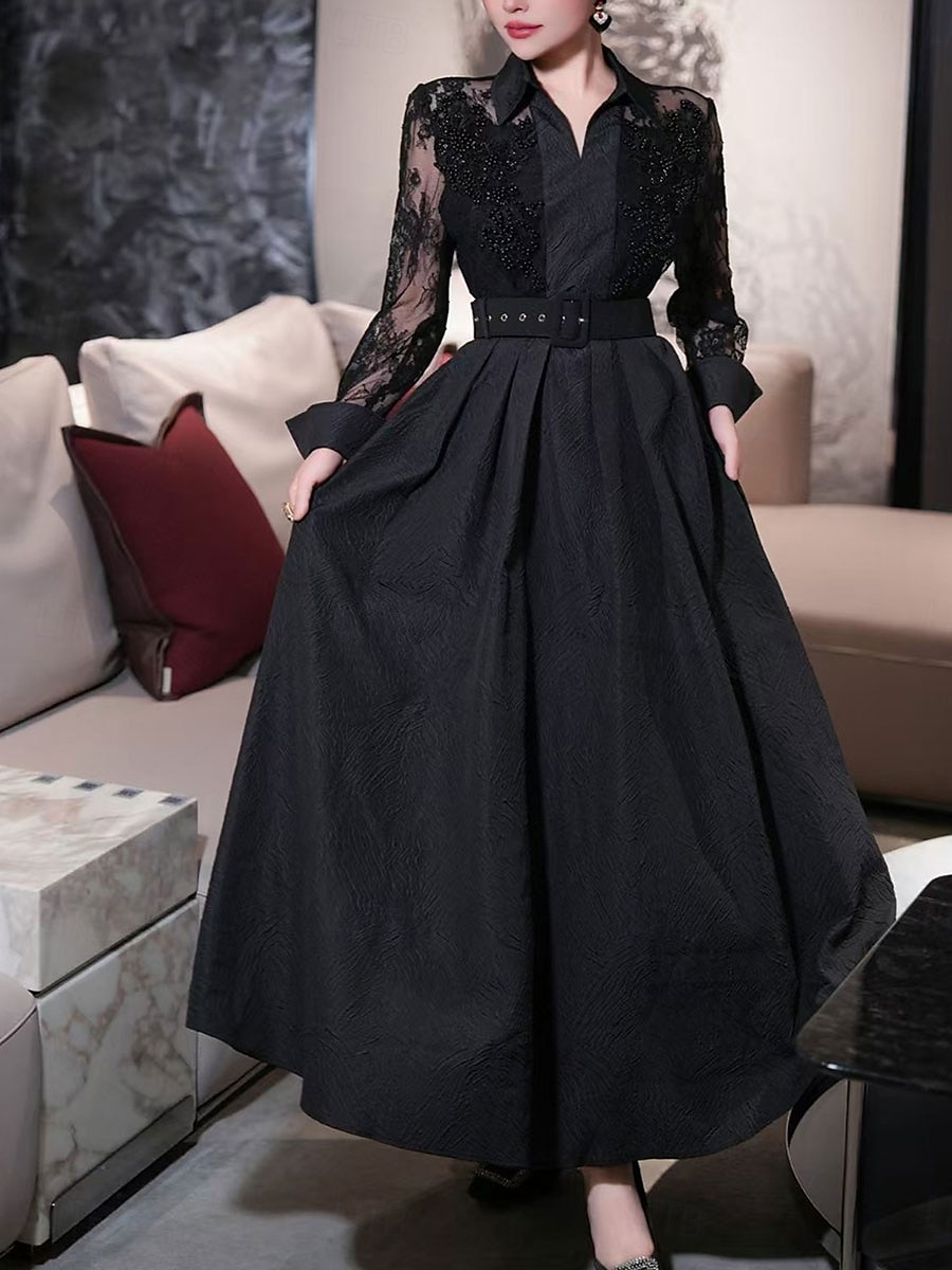 A-Linie Brautmutter Kleid Eleganter Hemdkragen Knöchellang Polyester Langarm mit Spitze Gurt  Band 2025 - $139.99 –P8