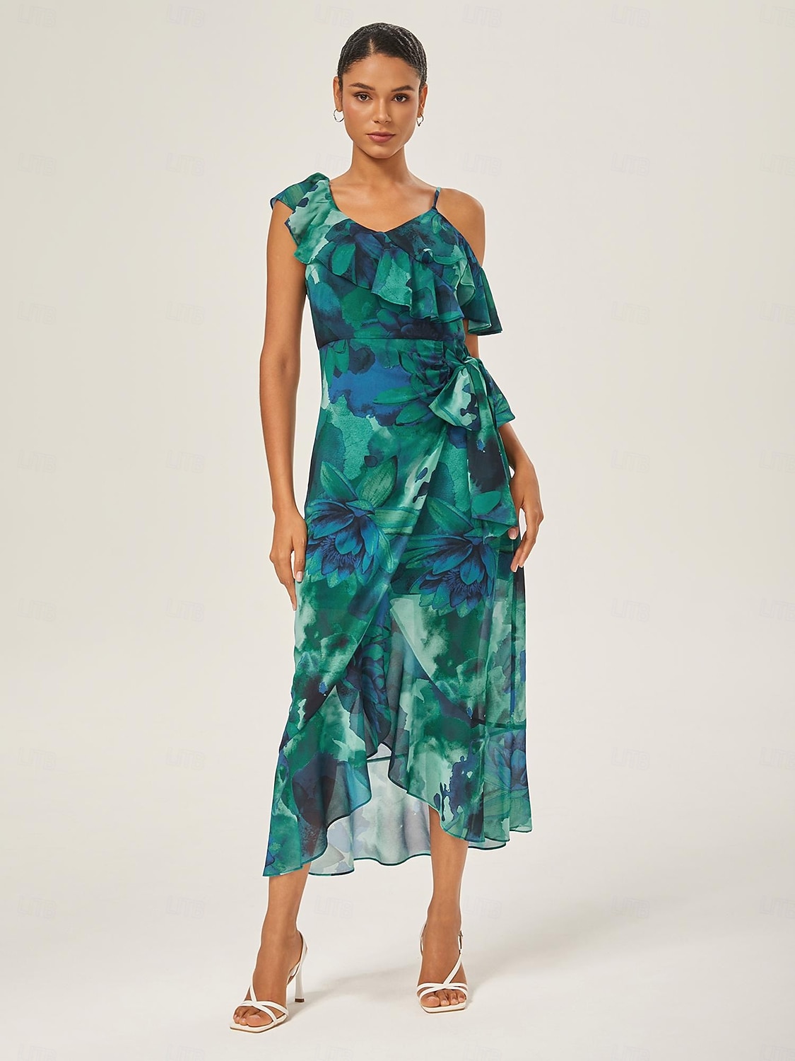 robe midi nouée sur le devant à volants en mousseline de 2025 ? $82.99 –P1