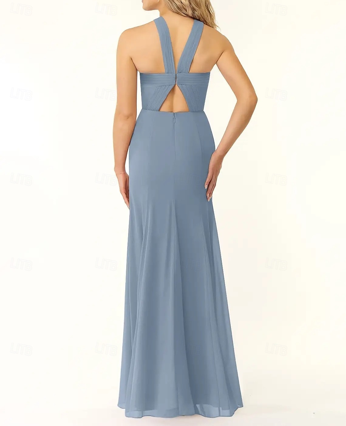Vestido de dama de honra sereia/trompete, decote halter, sem mangas, elegante, longo, chiffon, com fenda frontal 2025 de 2025 por $143.99 –P2