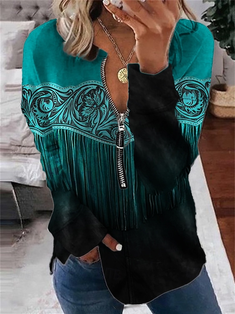 Dame Boho skjorte Bluse Batikkfarget Trykt mønster Daglig Stilfull Langermet Crew-hals Vanlige topper Daglig Ut på byen Trykt mønster Quarter Zip Lysebrun Blå Himmelblå Brun Vår Høst 2025 - $19.49 –P6