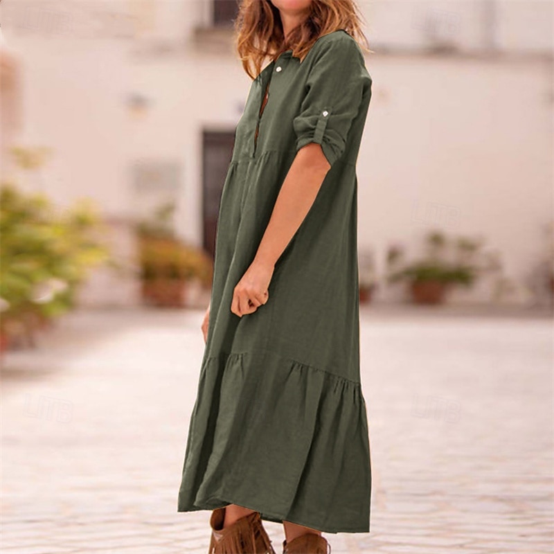 Per donna Abito Midi Vestito Casual Abito in cotone e lino Abito Estivo Moda Moderno All'aperto Data Weekend Vestibilità regolare Semplice Senza Maniche Colletto a Camicia Giallo Vino Verde militare del 2025 a $36.99 –P11