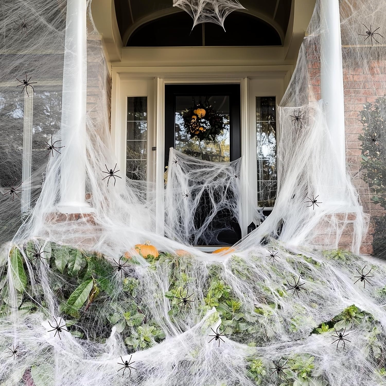 Halloweenské dekorace s pavučinami o rozloze 1200 čtverečních stop, bonus se 100 umělými pavouky, venkovní zahradní halloweenské dekorace, roztažitelné, DIY pavučiny, strašidelná atmosféra 2026 - $15.99 –P8