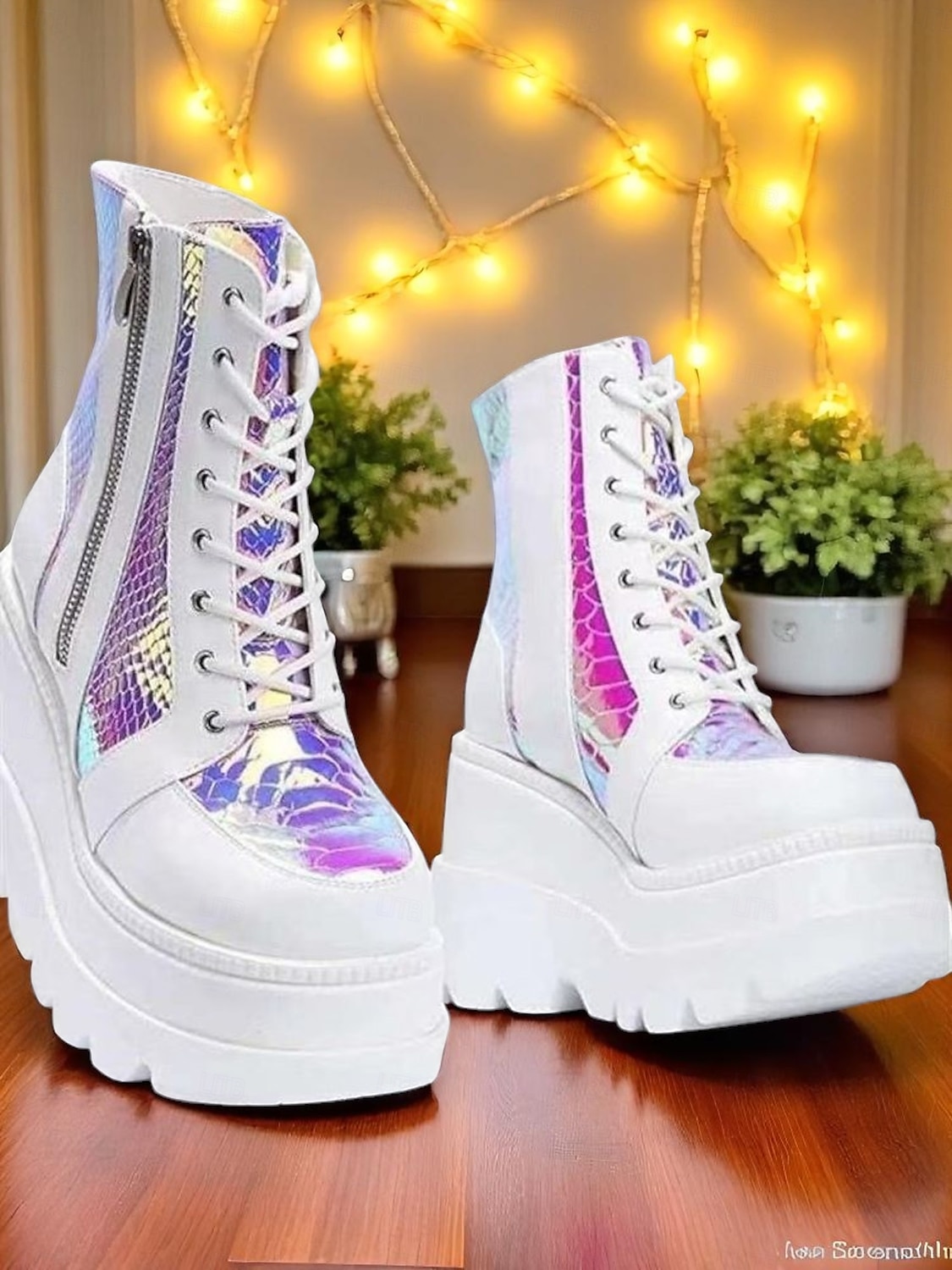 Botas de combate femininas plataforma rosa, botas de cano curto holográficas com cadarço e salto grosso com zíper lateral, estilo de rua ousado para vida noturna e roupas de festa de 2025 por $34.99 –P2