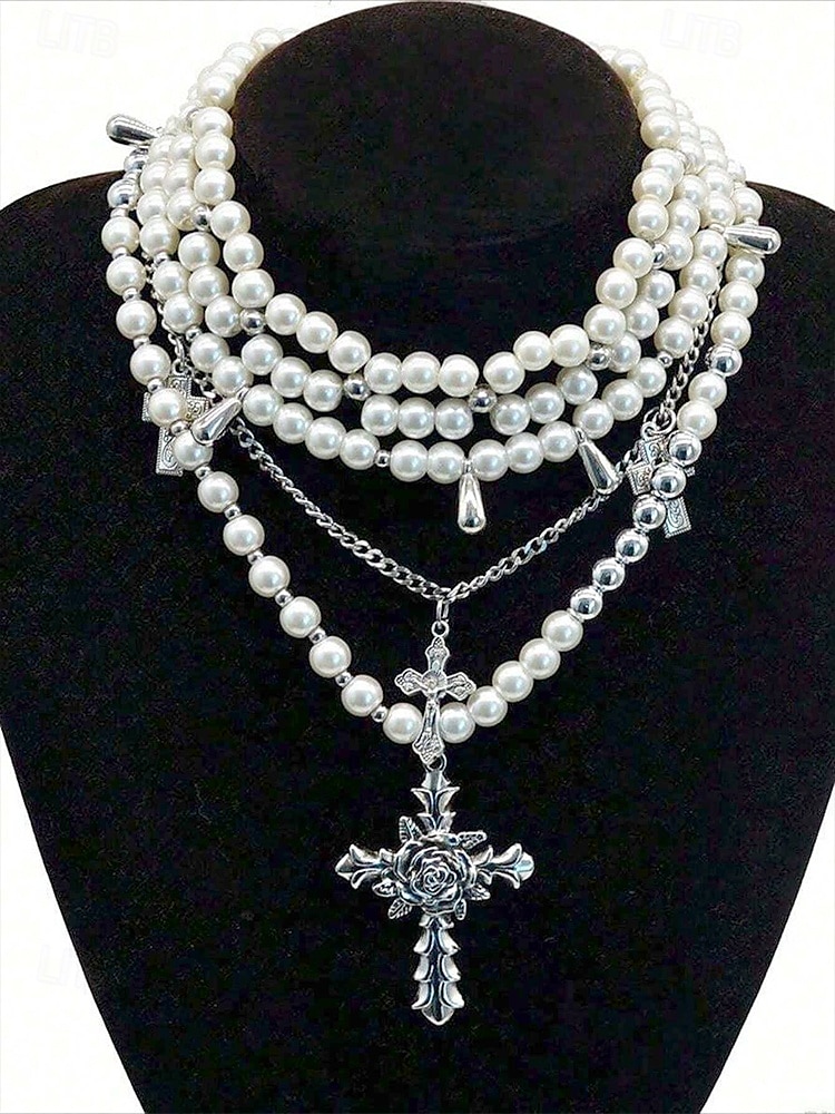 Collana multistrato con perle, rose e crocifisso gotico da donna - collana multifilo vintage per feste di Halloween e occasioni vintage del 2025 a $11.99 –P4