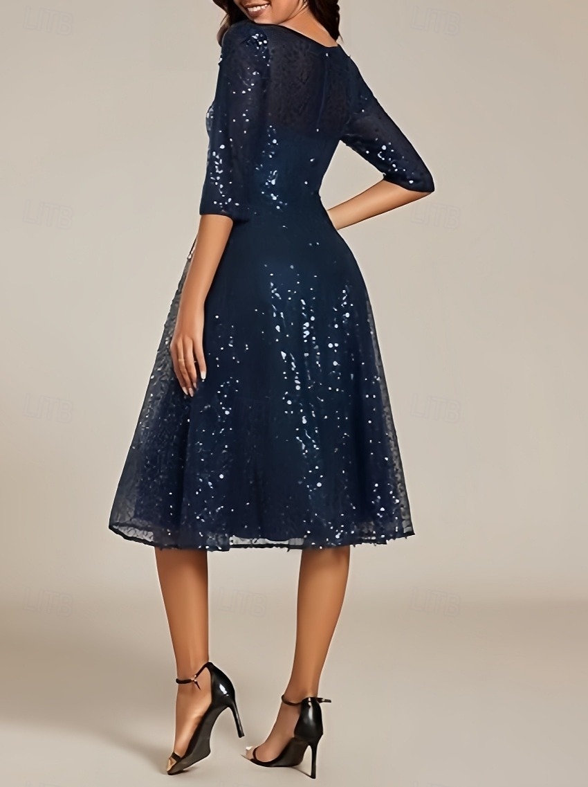 A-Line Wedding Guest Dresses Elegant Dress Wedding Guest Homecoming Knee Length Half Sleeve Crew Neck Sequined with Pleats Sequin 2025 - $140.99 –P2