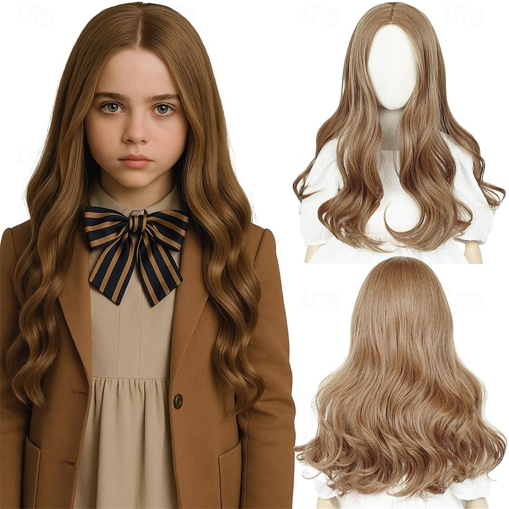 Bruine pruik voor meisjes, lang golvend krullend middenstuk kostuumpruik, prinsessenhaar voor Halloweenfeest 2025 - $26.99 –P1