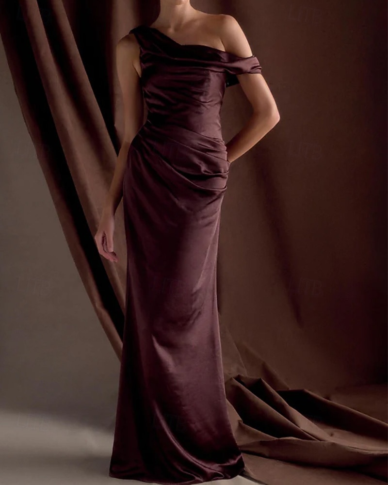Mermaid / Trumpet Evening Gown Elegant Dress Formal Semi Formal Wedding Floor Length Sleeveless One Shoulder Off Shoulder Satin with Drapes 2026 - $166.99 –P4