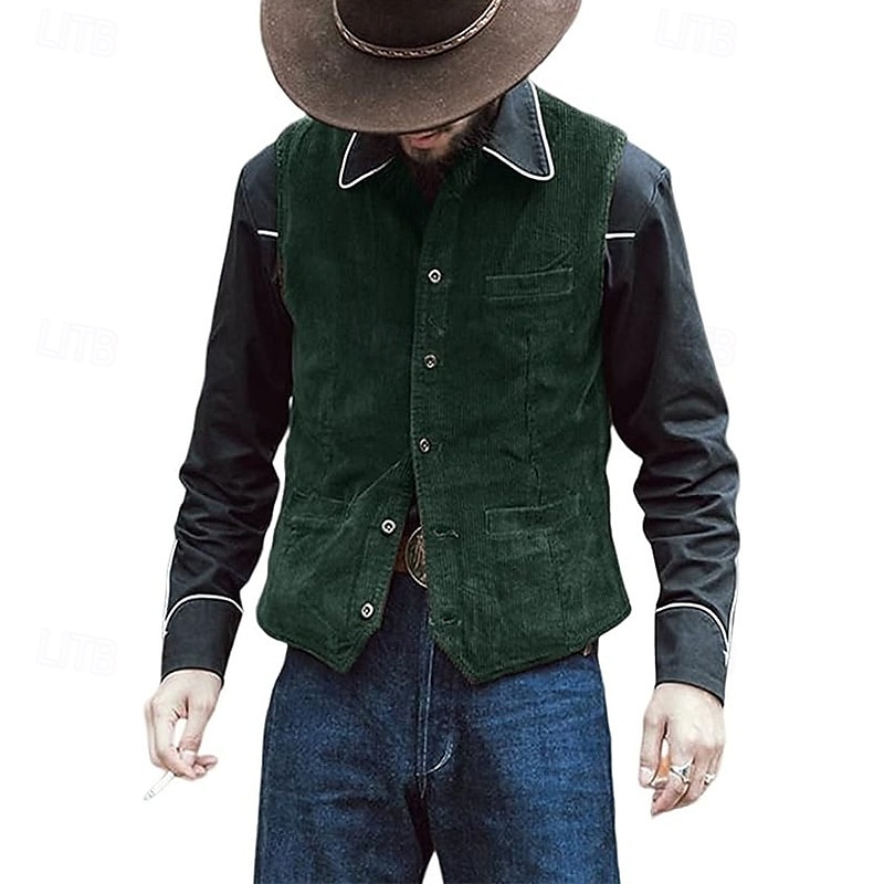 Homme Gilet en velours côtelé Gilet Extérieur Quotidien ancien Printemps Automne Avec Poches Boutons Nylon Confortable Uni Droit 1 bouton Col en V Coupe régulière Noir bleu marine Marron Vert Gilet de 2025 ? $31.99 –P7