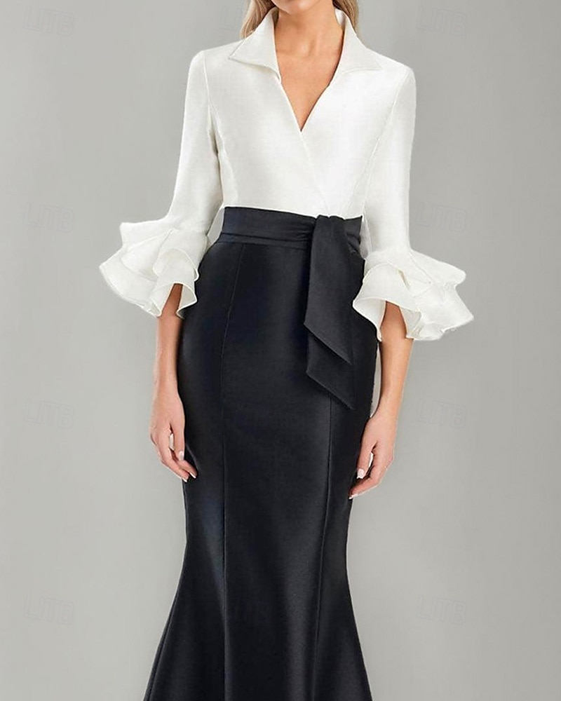 schwarz-weißes Abendkleid Meerjungfrau/Trompete Abendkleid elegantes Kleid formelle Hochzeit bodenlang Halbarm Hemdkragen Stretch-Satin mit Rüschen 2025 2025 - $139.99 –P2
