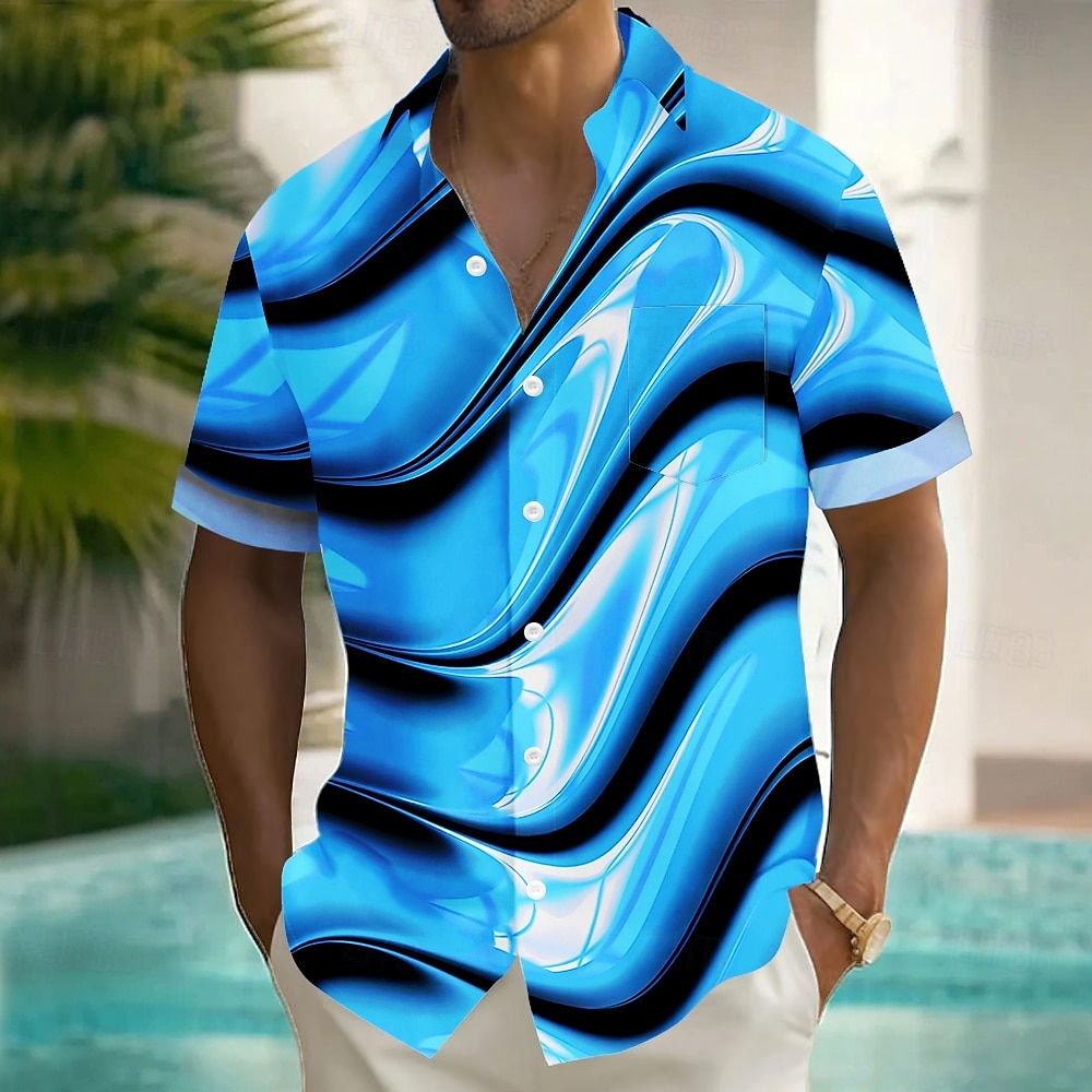 Men's Geometric Waves Shirt Summer Shirt Button Up Shirt Short Sleeve Fashion Casual Vacation Holiday Streetwear Summer Turndown 3D Print Front One Pocket Linen Like Shirt Yellow Blue Purple Green 2025 - $23.99 –P1